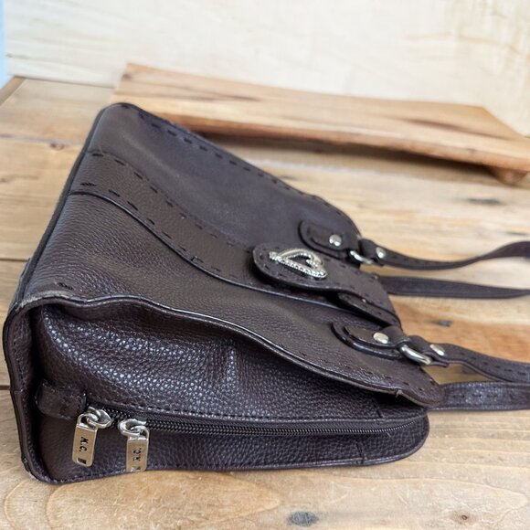 MC Brown Leather Purse Silver Heart Shoulder Bag  Lots of Pockets - Picture 6 of 12